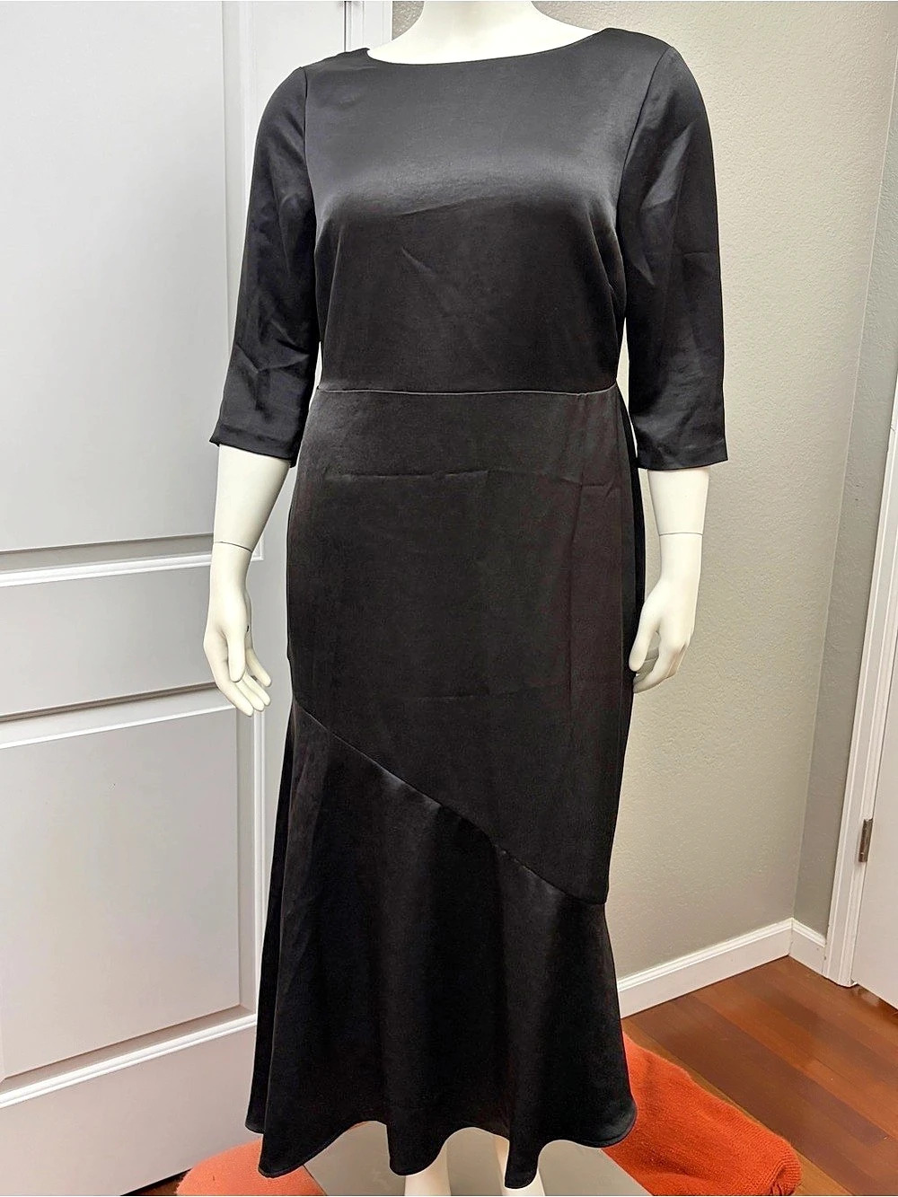 Boden Black Satin Maxi Dress Asymmetrical Hem - Size 16